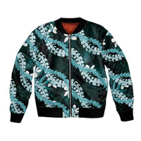 Puakenikeni Maile Lei Bomber Jacket Frangipani Turquoise Tropical Leaves LT01 Unisex Turquoise - Polynesian Pride