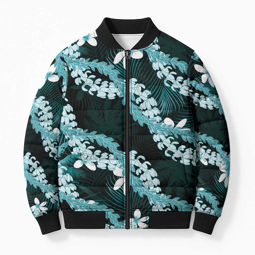 Puakenikeni Maile Lei Bomber Puffer Jacket Frangipani Turquoise Tropical Leaves LT01 Unisex Turquoise - Polynesian Pride