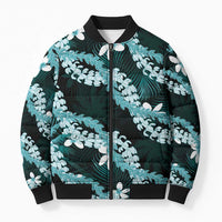 Puakenikeni Maile Lei Bomber Puffer Jacket Frangipani Turquoise Tropical Leaves LT01 Unisex Turquoise - Polynesian Pride