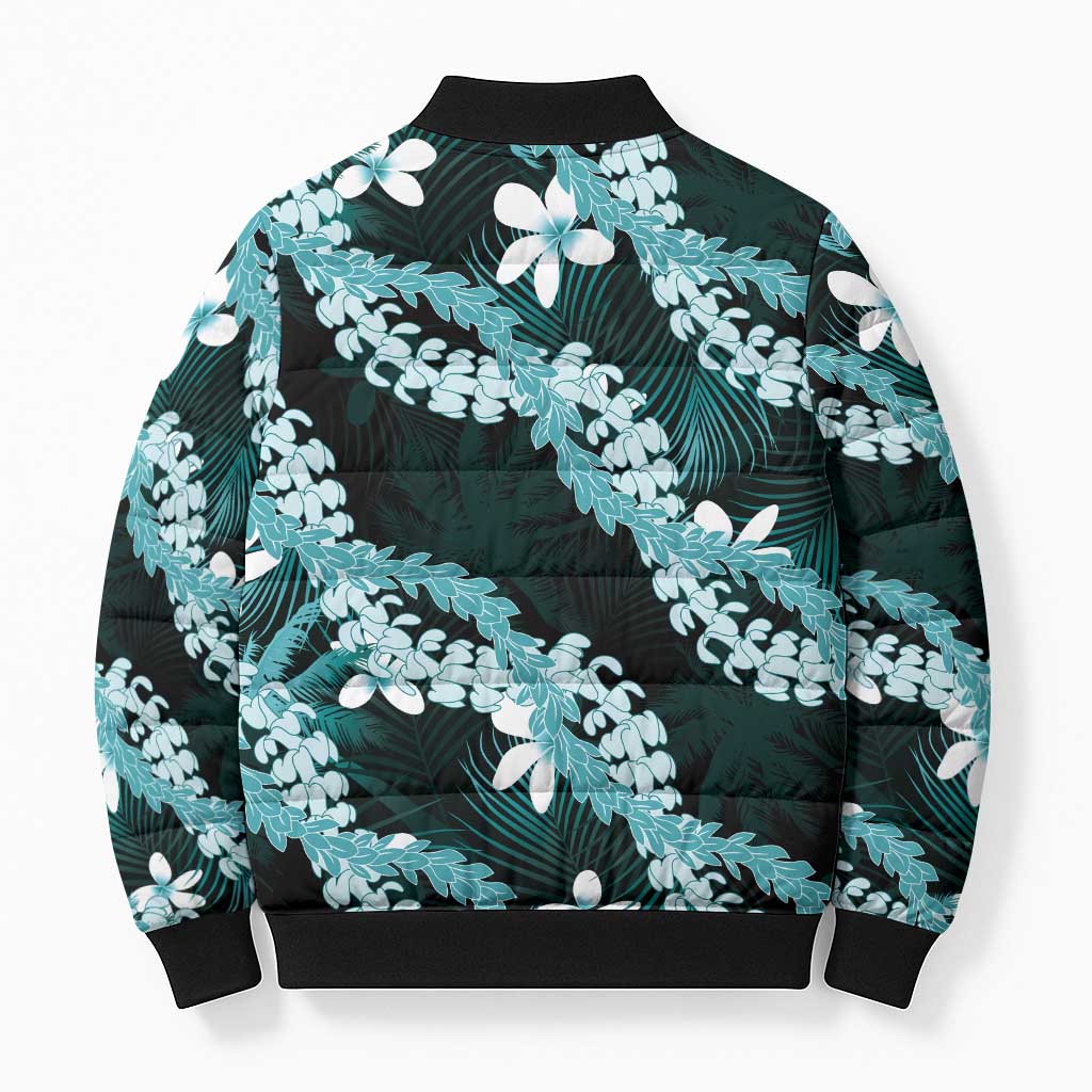 Puakenikeni Maile Lei Bomber Puffer Jacket Frangipani Turquoise Tropical Leaves LT01 - Polynesian Pride