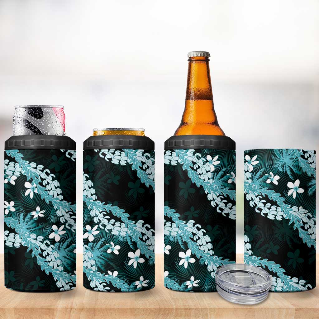 Puakenikeni Maile Lei 4 in 1 Can Cooler Tumbler Frangipani Turquoise Tropical Leaves