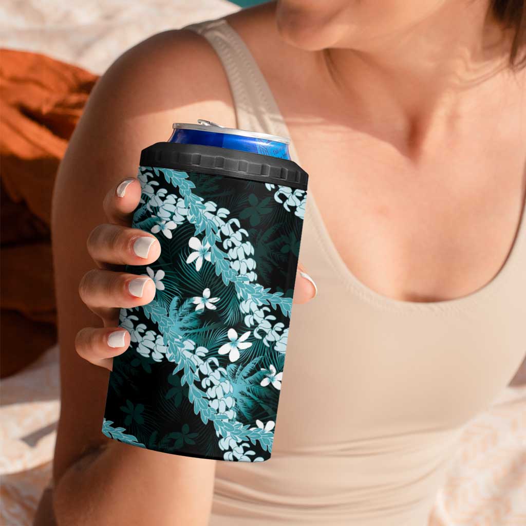 Puakenikeni Maile Lei 4 in 1 Can Cooler Tumbler Frangipani Turquoise Tropical Leaves