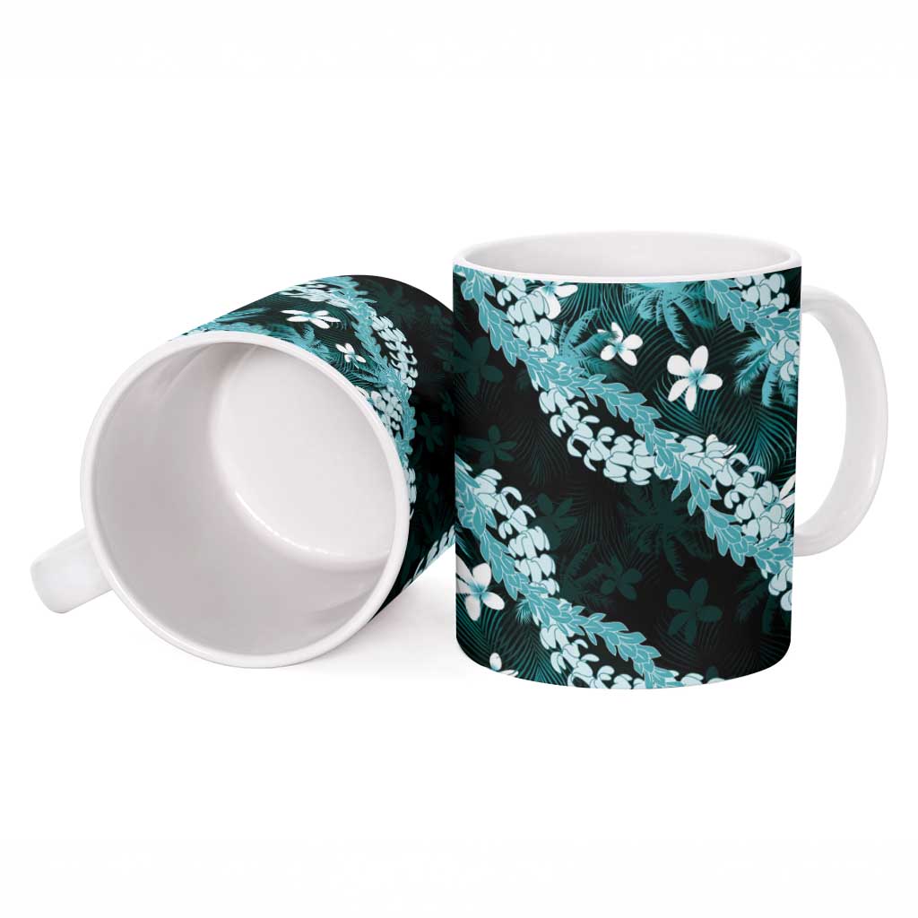 Puakenikeni Maile Lei Ceramic Mug Frangipani Turquoise Tropical Leaves LT01 - Polynesian Pride