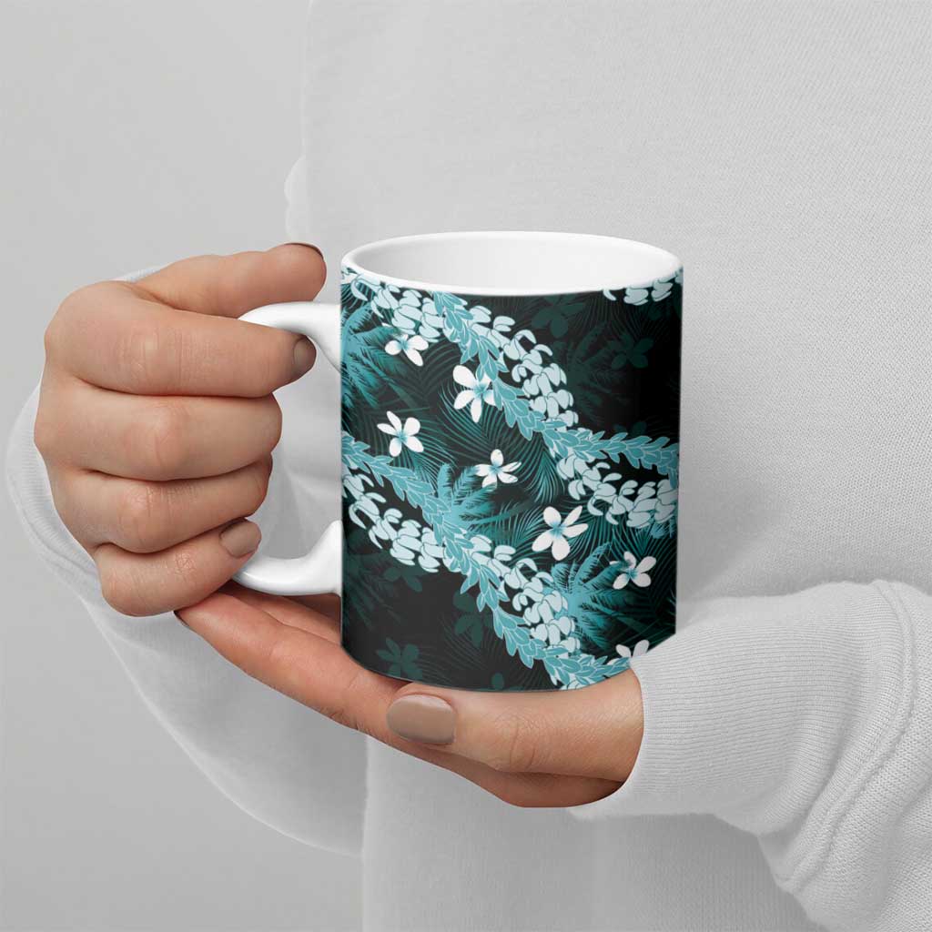 Puakenikeni Maile Lei Ceramic Mug Frangipani Turquoise Tropical Leaves LT01 - Polynesian Pride