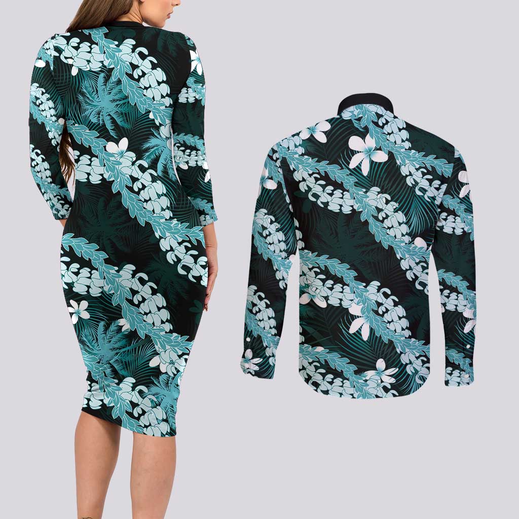 Puakenikeni Maile Lei Couples Matching Long Sleeve Bodycon Dress and Long Sleeve Button Shirt Frangipani Turquoise Tropical Leaves