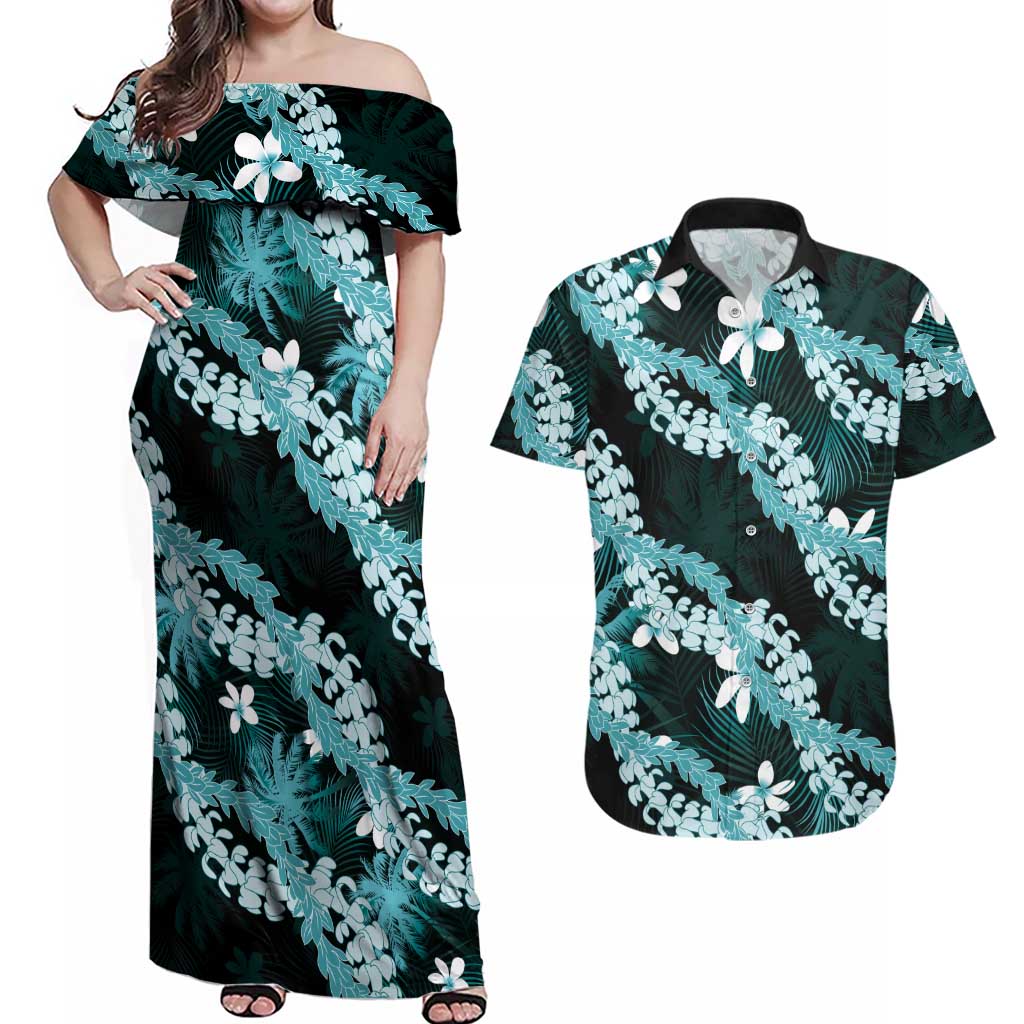 Puakenikeni Maile Lei Couples Matching Off Shoulder Maxi Dress and Hawaiian Shirt Frangipani Turquoise Tropical Leaves