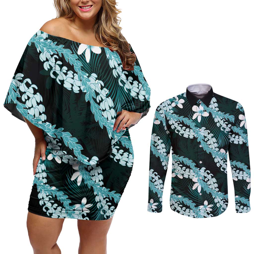 Puakenikeni Maile Lei Couples Matching Off Shoulder Short Dress and Long Sleeve Button Shirt Frangipani Turquoise Tropical Leaves