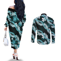 Puakenikeni Maile Lei Couples Matching Off The Shoulder Long Sleeve Dress and Long Sleeve Button Shirt Frangipani Turquoise Tropical Leaves