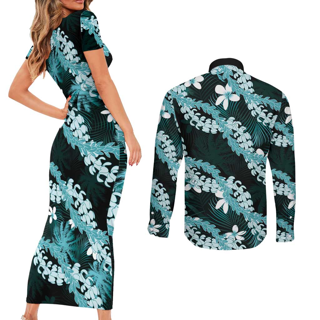 Puakenikeni Maile Lei Couples Matching Short Sleeve Bodycon Dress and Long Sleeve Button Shirt Frangipani Turquoise Tropical Leaves