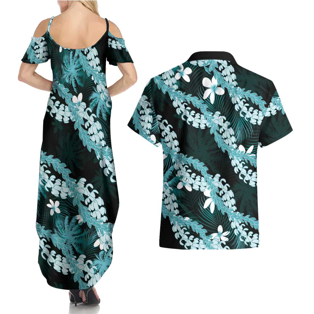 Puakenikeni Maile Lei Couples Matching Summer Maxi Dress and Hawaiian Shirt Frangipani Turquoise Tropical Leaves