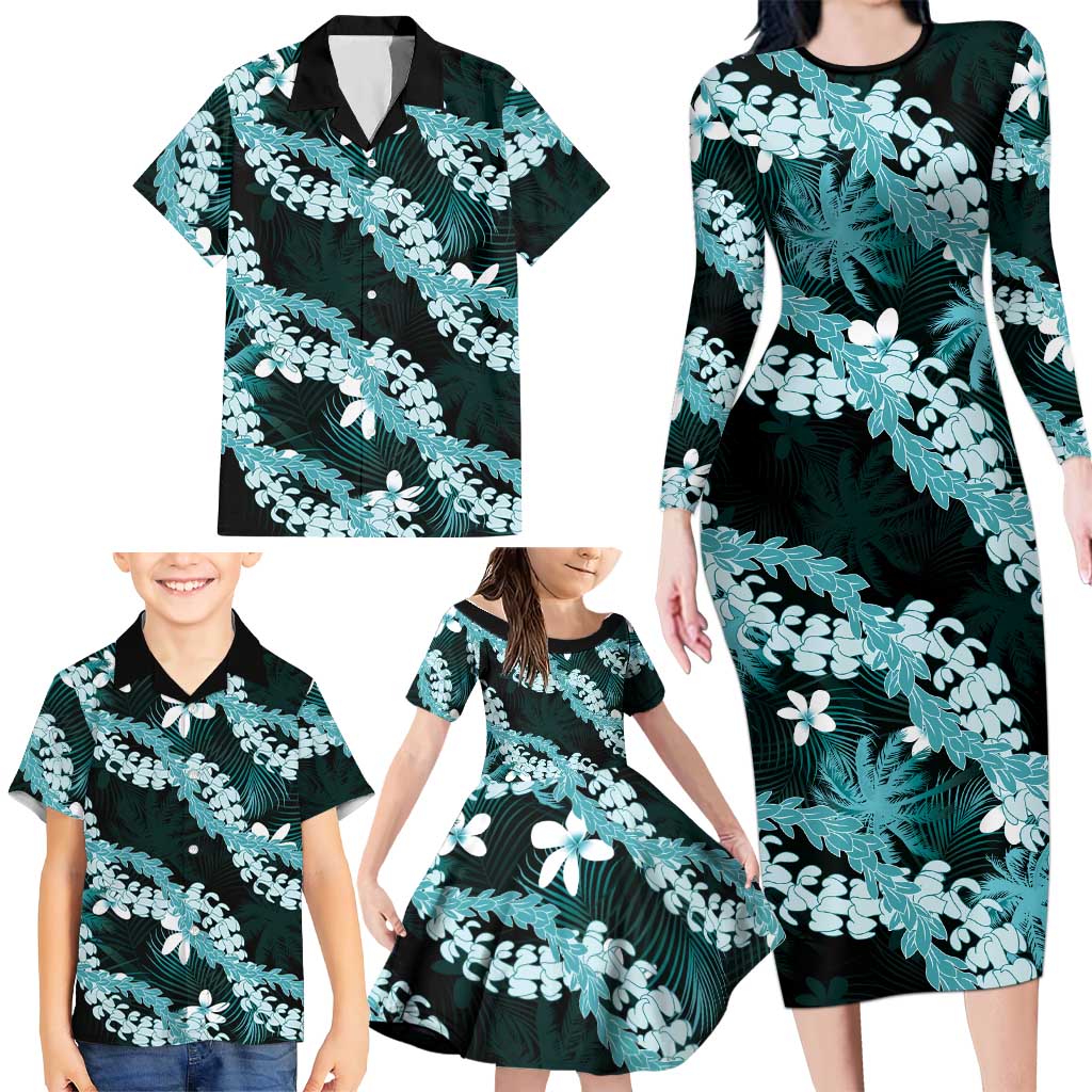 Puakenikeni Maile Lei Family Matching Long Sleeve Bodycon Dress and Hawaiian Shirt Frangipani Turquoise Tropical Leaves