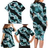 Puakenikeni Maile Lei Family Matching Long Sleeve Bodycon Dress and Hawaiian Shirt Frangipani Turquoise Tropical Leaves