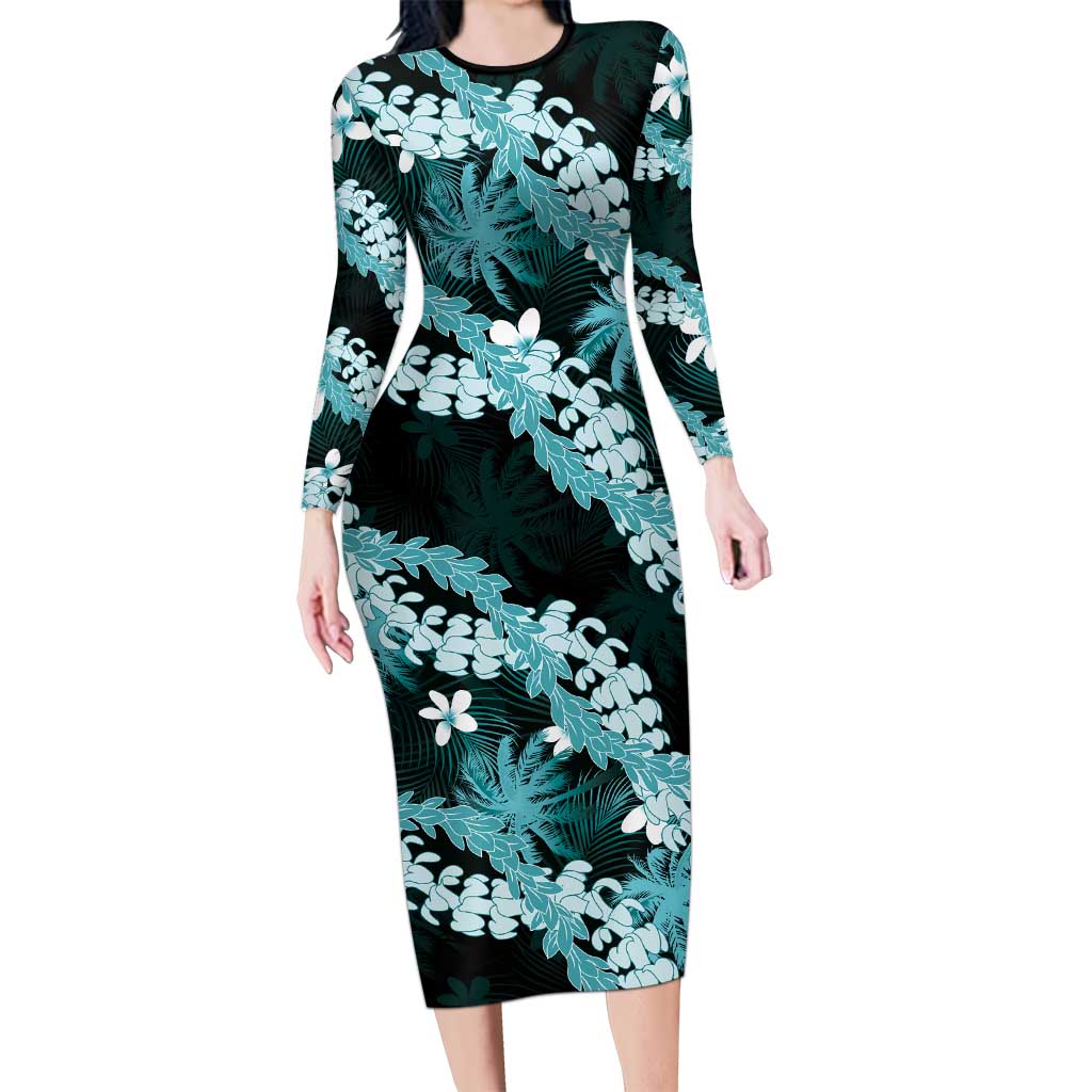 Puakenikeni Maile Lei Family Matching Long Sleeve Bodycon Dress and Hawaiian Shirt Frangipani Turquoise Tropical Leaves