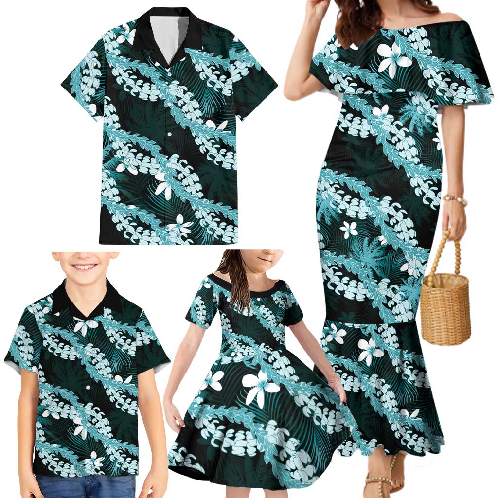 Puakenikeni Maile Lei Family Matching Mermaid Dress and Hawaiian Shirt Frangipani Turquoise Tropical Leaves