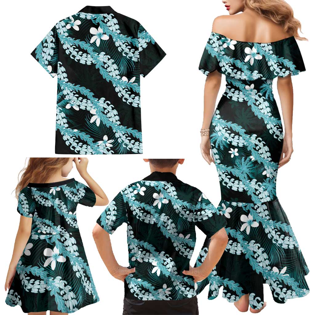 Puakenikeni Maile Lei Family Matching Mermaid Dress and Hawaiian Shirt Frangipani Turquoise Tropical Leaves