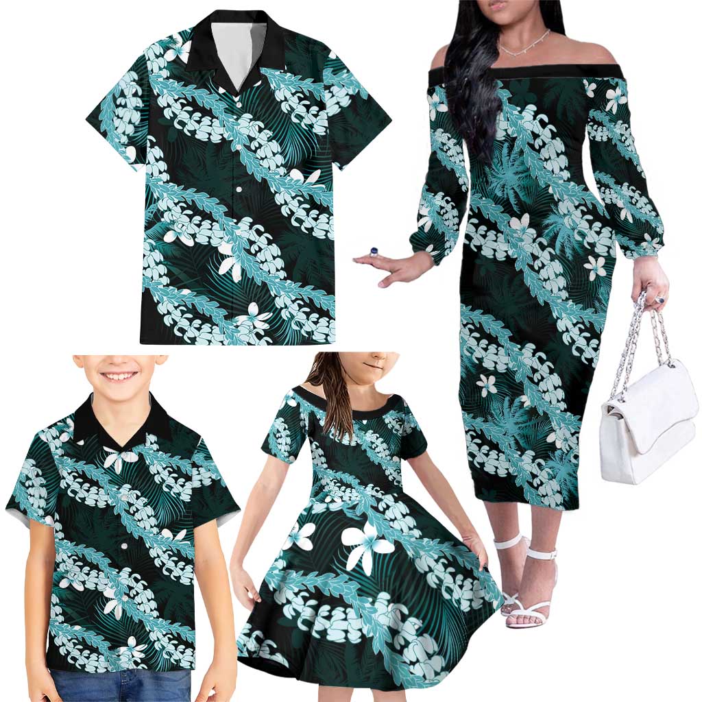 Puakenikeni Maile Lei Family Matching Off The Shoulder Long Sleeve Dress and Hawaiian Shirt Frangipani Turquoise Tropical Leaves