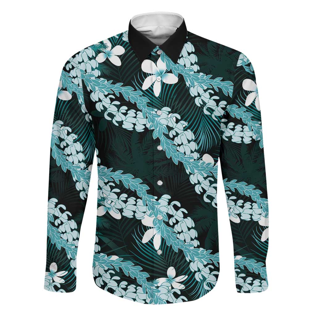 Puakenikeni Maile Lei Family Matching Off The Shoulder Long Sleeve Dress and Hawaiian Shirt Frangipani Turquoise Tropical Leaves