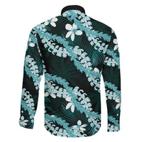 Puakenikeni Maile Lei Family Matching Off The Shoulder Long Sleeve Dress and Hawaiian Shirt Frangipani Turquoise Tropical Leaves