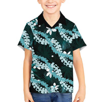 Puakenikeni Maile Lei Family Matching Off Shoulder Maxi Dress and Hawaiian Shirt Frangipani Turquoise Tropical Leaves