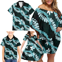 Puakenikeni Maile Lei Family Matching Off Shoulder Short Dress and Hawaiian Shirt Frangipani Turquoise Tropical Leaves