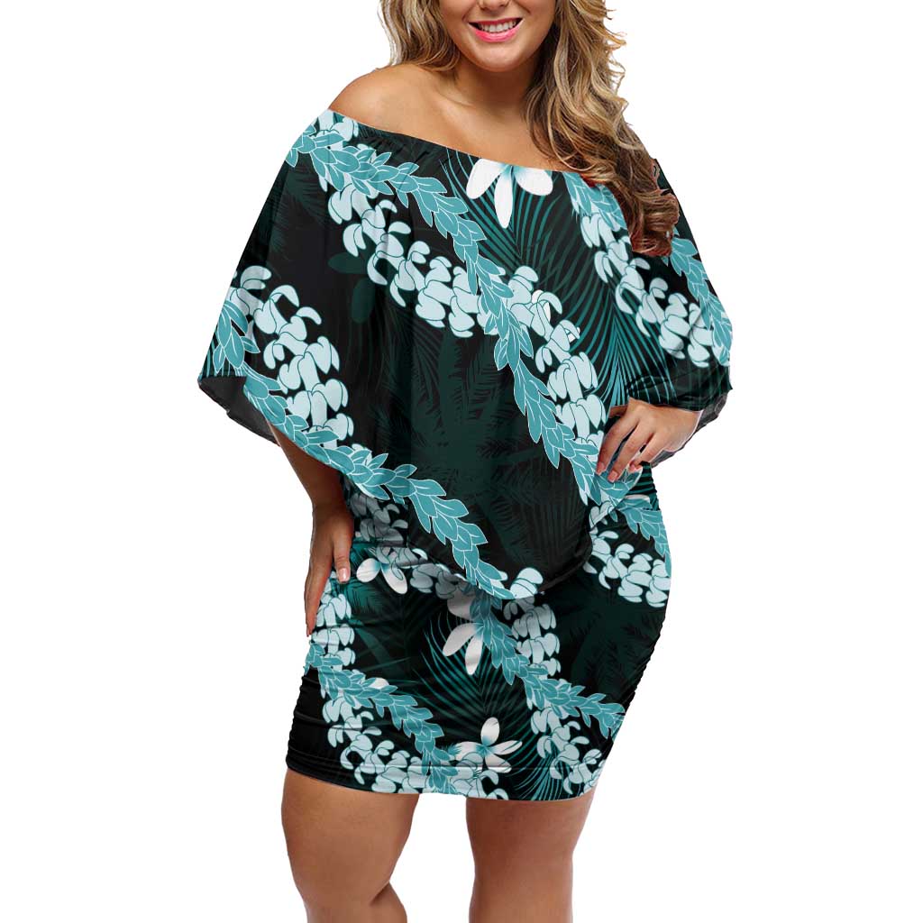 Puakenikeni Maile Lei Family Matching Off Shoulder Short Dress and Hawaiian Shirt Frangipani Turquoise Tropical Leaves