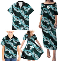 Puakenikeni Maile Lei Family Matching Puletasi and Hawaiian Shirt Frangipani Turquoise Tropical Leaves
