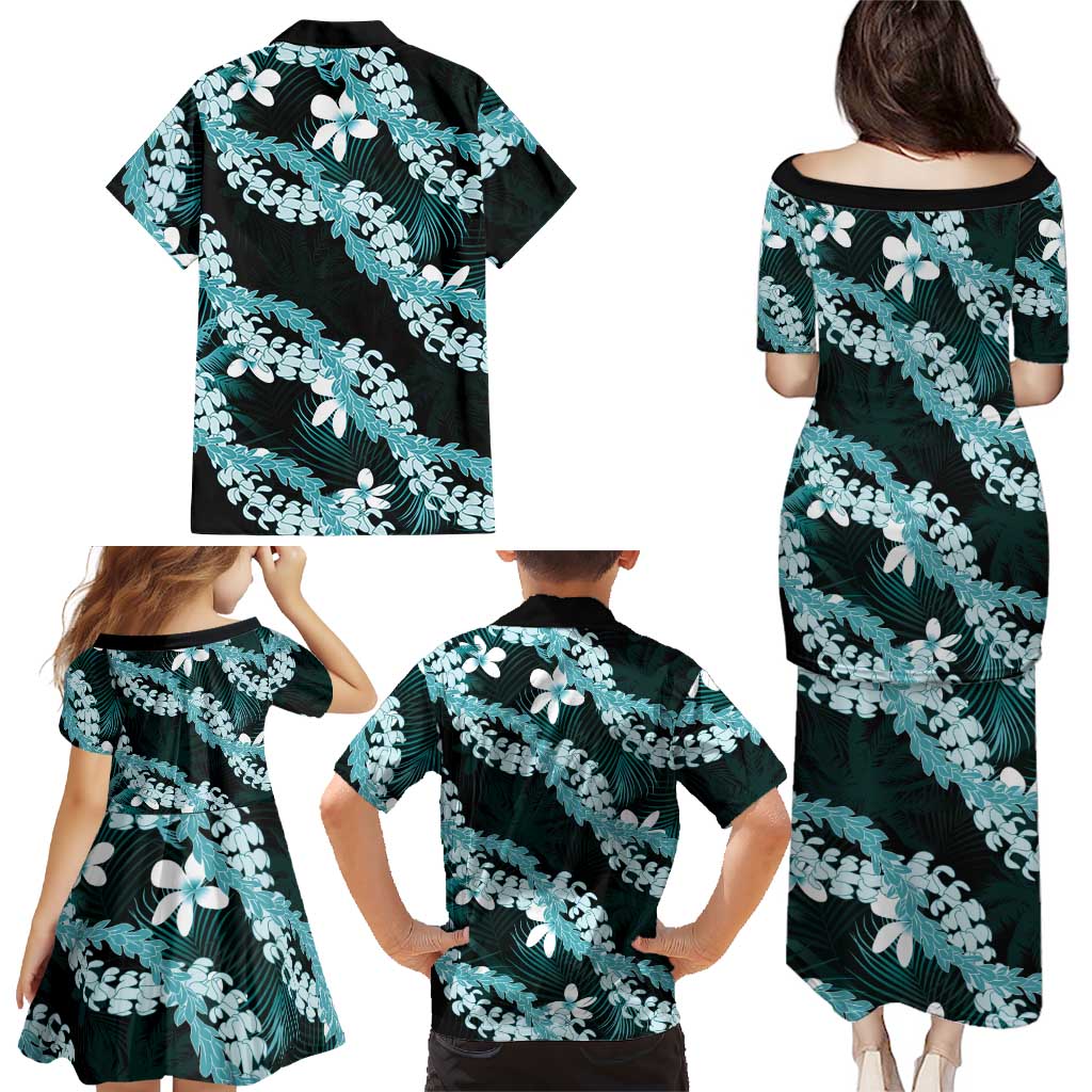Puakenikeni Maile Lei Family Matching Puletasi and Hawaiian Shirt Frangipani Turquoise Tropical Leaves