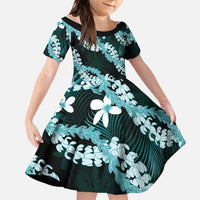 Puakenikeni Maile Lei Family Matching Short Sleeve Bodycon Dress and Hawaiian Shirt Frangipani Turquoise Tropical Leaves
