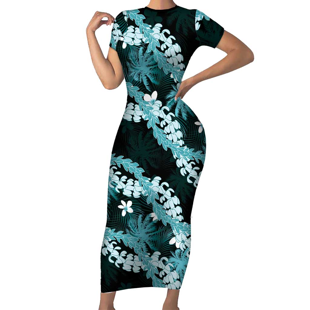 Puakenikeni Maile Lei Family Matching Short Sleeve Bodycon Dress and Hawaiian Shirt Frangipani Turquoise Tropical Leaves