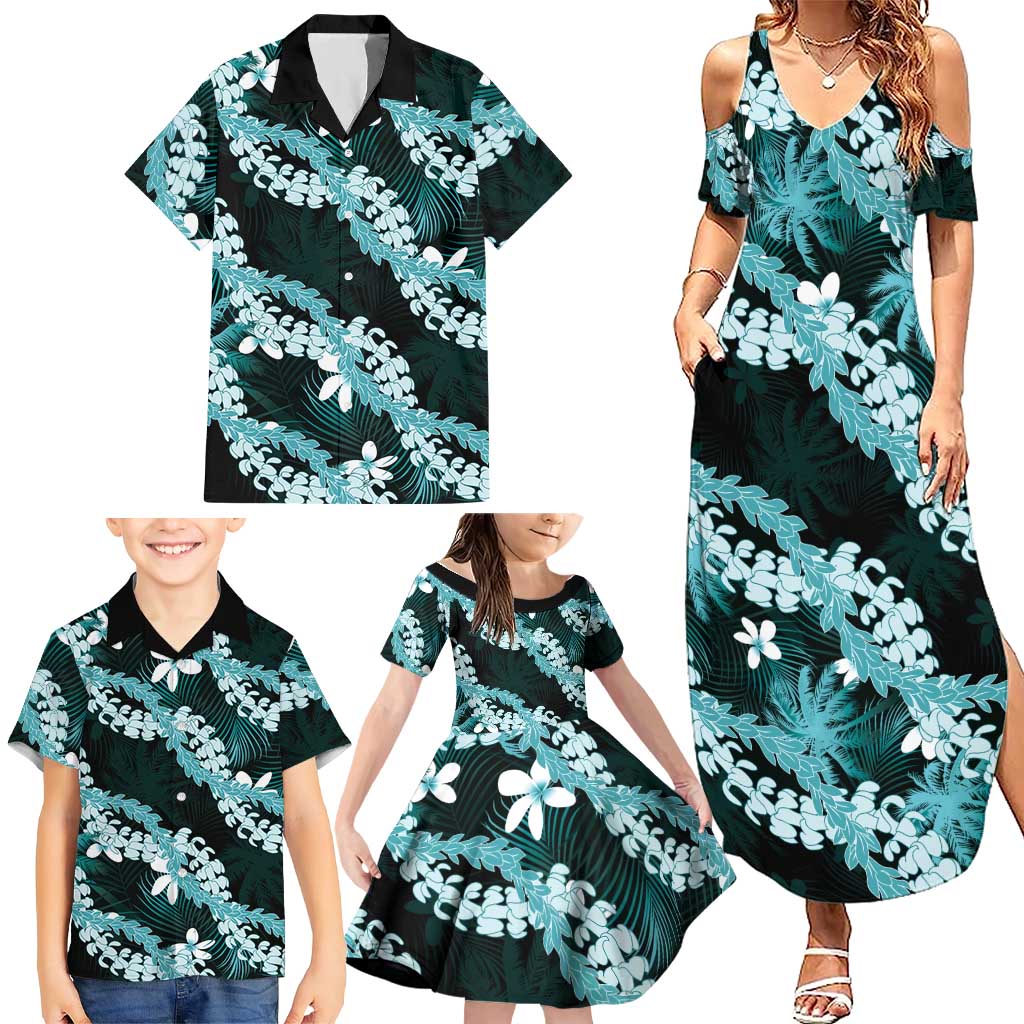 Puakenikeni Maile Lei Family Matching Summer Maxi Dress and Hawaiian Shirt Frangipani Turquoise Tropical Leaves