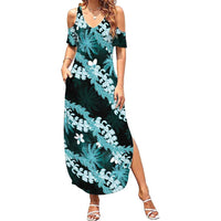 Puakenikeni Maile Lei Family Matching Summer Maxi Dress and Hawaiian Shirt Frangipani Turquoise Tropical Leaves
