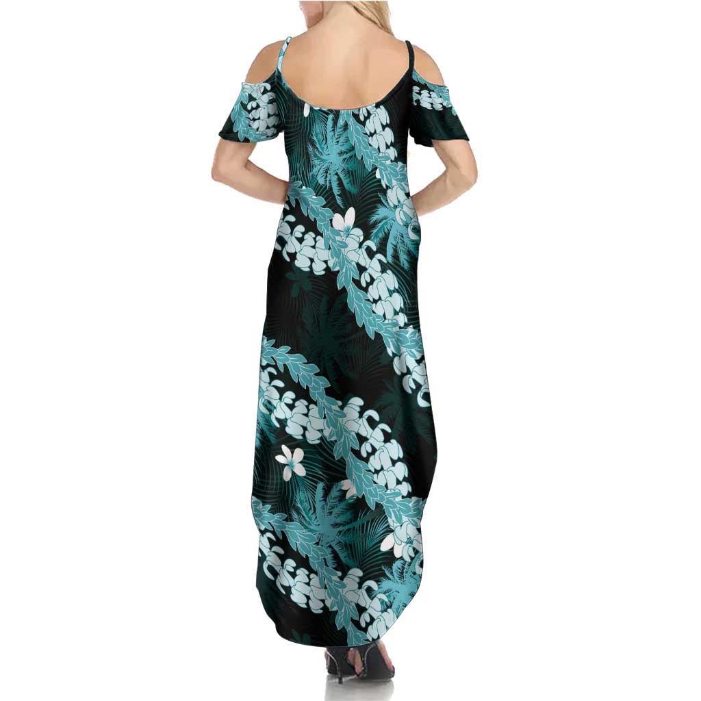 Puakenikeni Maile Lei Family Matching Summer Maxi Dress and Hawaiian Shirt Frangipani Turquoise Tropical Leaves