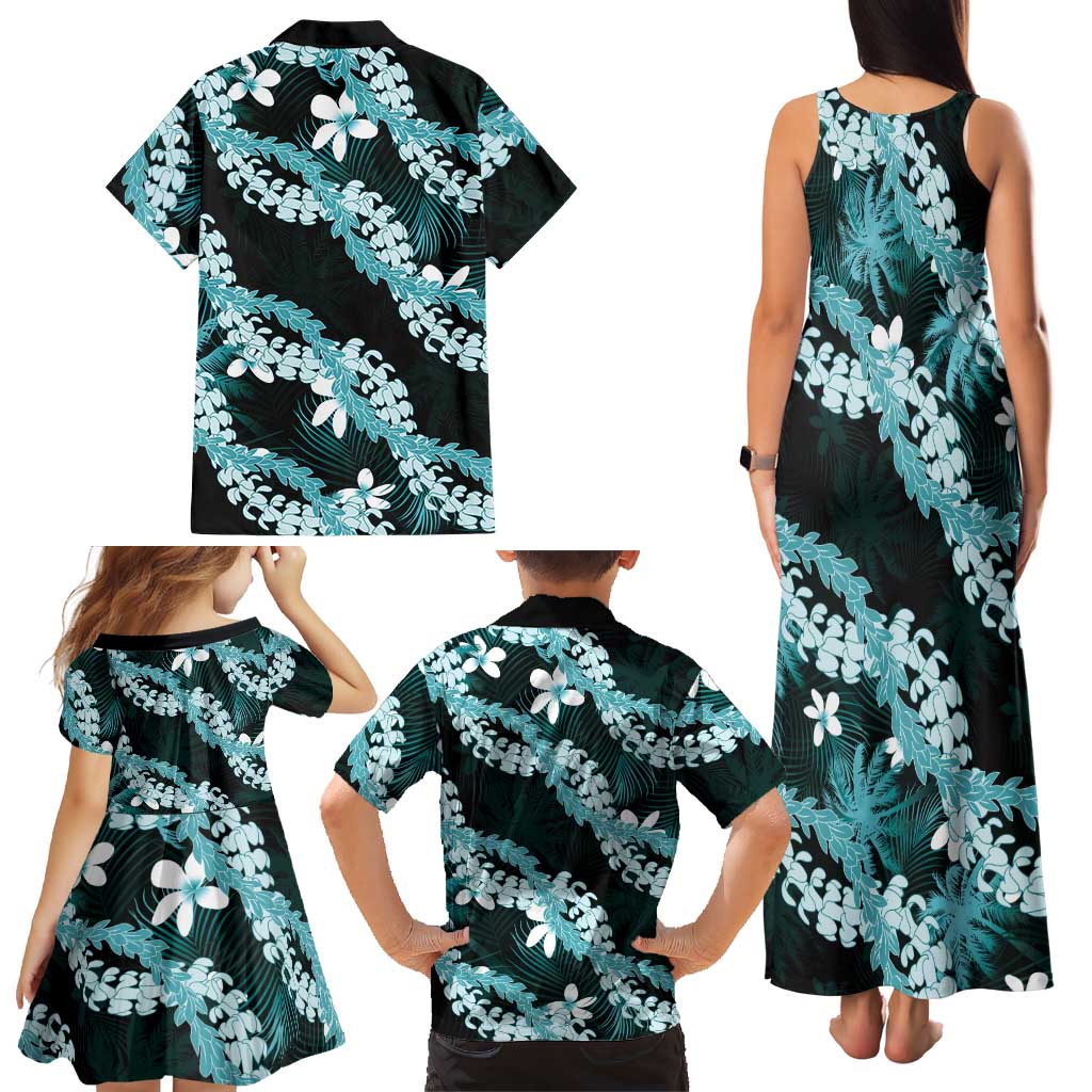 Puakenikeni Maile Lei Family Matching Tank Maxi Dress and Hawaiian Shirt Frangipani Turquoise Tropical Leaves