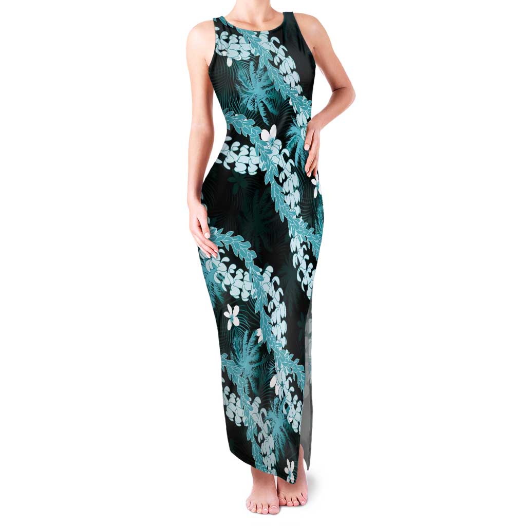 Puakenikeni Maile Lei Family Matching Tank Maxi Dress and Hawaiian Shirt Frangipani Turquoise Tropical Leaves