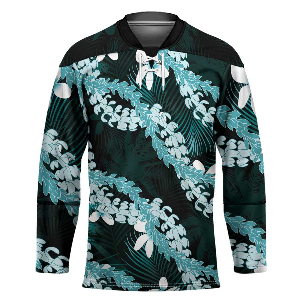 Puakenikeni Maile Lei Hockey Jersey Frangipani Turquoise Tropical Leaves