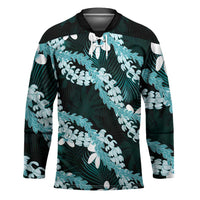 Puakenikeni Maile Lei Hockey Jersey Frangipani Turquoise Tropical Leaves