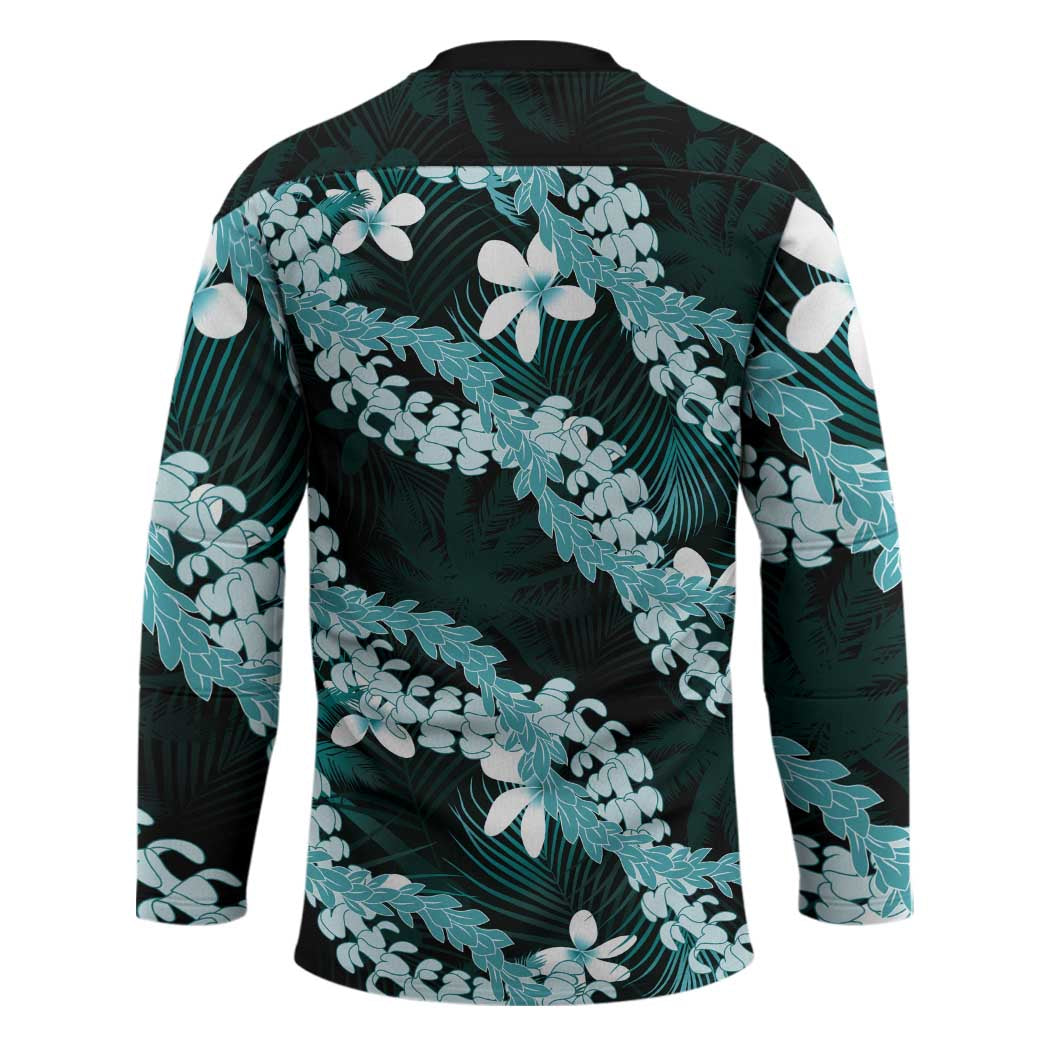 Puakenikeni Maile Lei Hockey Jersey Frangipani Turquoise Tropical Leaves