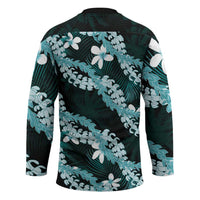 Puakenikeni Maile Lei Hockey Jersey Frangipani Turquoise Tropical Leaves