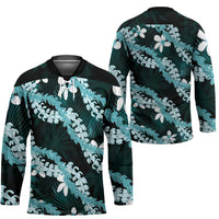Puakenikeni Maile Lei Hockey Jersey Frangipani Turquoise Tropical Leaves