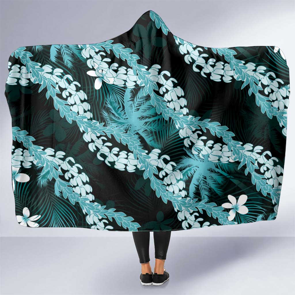 Puakenikeni Maile Lei Hooded Blanket Frangipani Turquoise Tropical Leaves