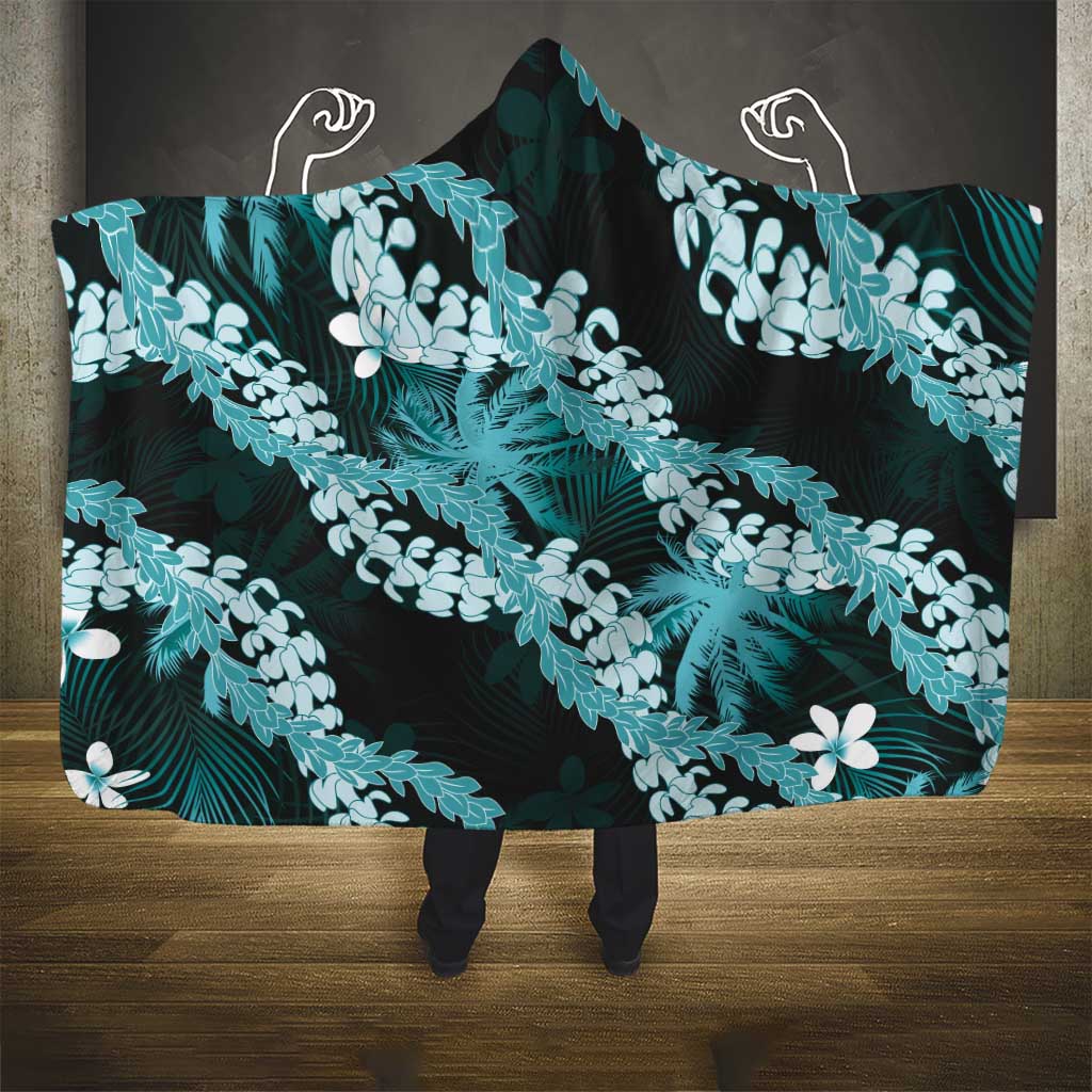 Puakenikeni Maile Lei Hooded Blanket Frangipani Turquoise Tropical Leaves LT01 - Polynesian Pride