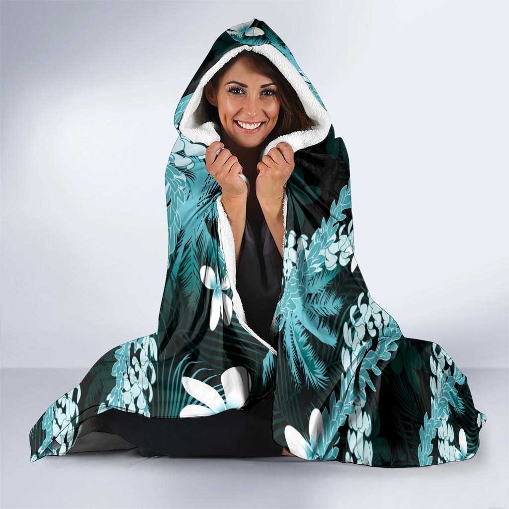 Puakenikeni Maile Lei Hooded Blanket Frangipani Turquoise Tropical Leaves LT01 - Polynesian Pride