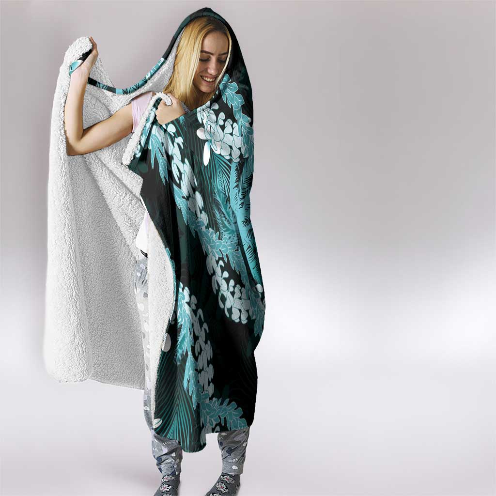 Puakenikeni Maile Lei Hooded Blanket Frangipani Turquoise Tropical Leaves LT01 - Polynesian Pride