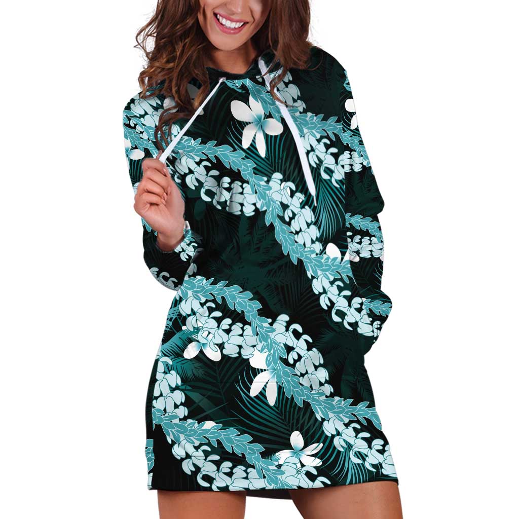 Puakenikeni Maile Lei Hoodie Dress Frangipani Turquoise Tropical Leaves