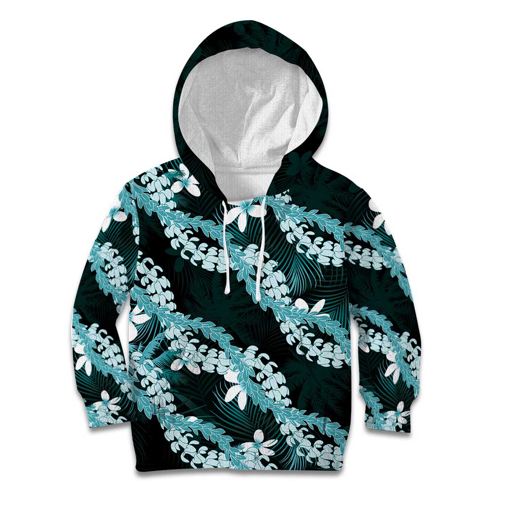 Puakenikeni Maile Lei Kid Hoodie Frangipani Turquoise Tropical Leaves
