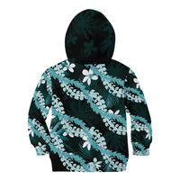 Puakenikeni Maile Lei Kid Hoodie Frangipani Turquoise Tropical Leaves