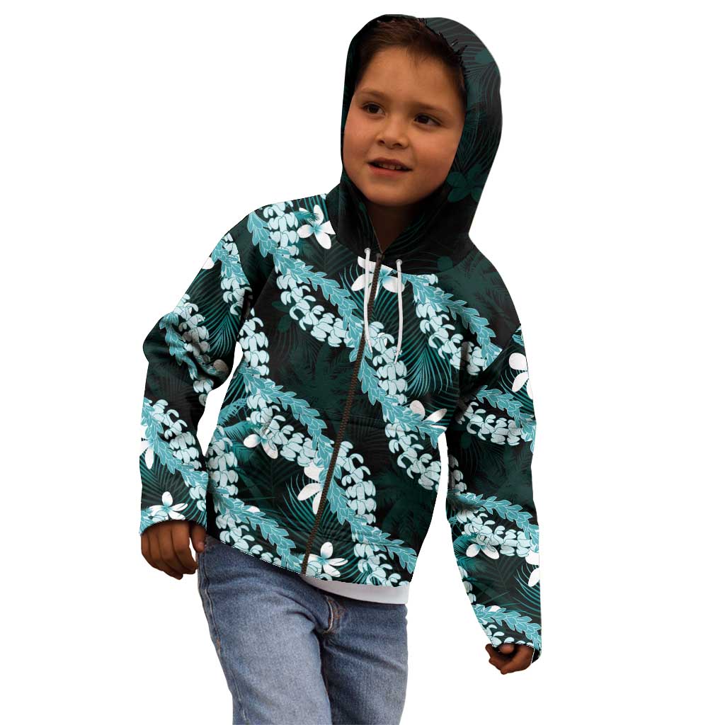 Puakenikeni Maile Lei Kid Hoodie Frangipani Turquoise Tropical Leaves