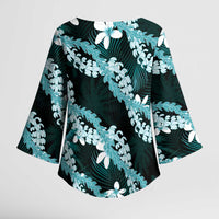 Puakenikeni Maile Lei Kimono Sleeve Blouse Frangipani Turquoise Tropical Leaves LT01 - Polynesian Pride