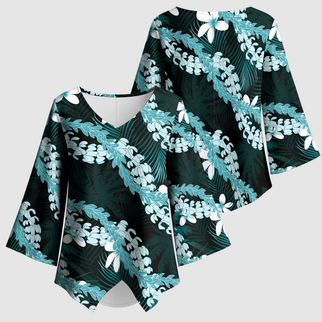 Puakenikeni Maile Lei Kimono Sleeve Blouse Frangipani Turquoise Tropical Leaves LT01 - Polynesian Pride