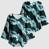 Puakenikeni Maile Lei Kimono Sleeve Blouse Frangipani Turquoise Tropical Leaves LT01 - Polynesian Pride
